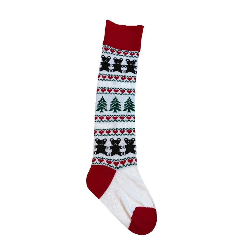 Vintage‎ Christmas Knit Stocking With Pom Poms Bears And Trees 36